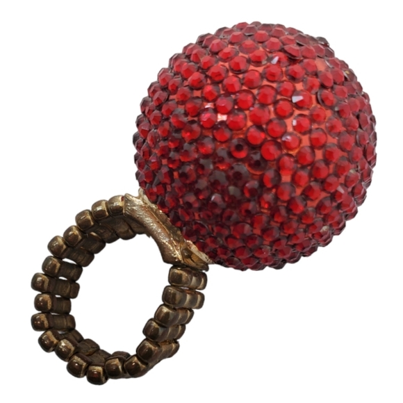 1½" Red Round Disco Ball Rhinestone Ring With Golden Elastic Stretch Band - Picture 5 of 6